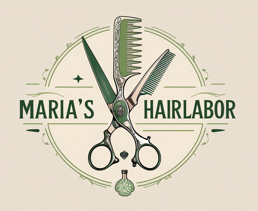 A logo featuring a pair of ornate scissors and a comb crossed over each other, encircled by a decorative green wreath with floral accents. Below the scissors, there is a small bottle with a floral design. The text "MARIA'S HAIRLABOR" is prominently displayed in bold green letters within the circular design, set against a beige background.