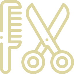 An icon of a comb and scissors crossed over each other, symbolizing hairdressing or barber services, depicted in a simple yellow outline on a transparent background.