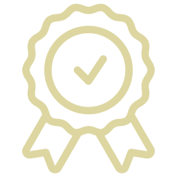 An icon of a badge with a checkmark and ribbons, representing quality or certification, depicted in a simple yellow outline on a transparent background.
