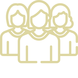 An icon of three stylized figures standing together, representing a group or team, depicted in a simple yellow outline on a transparent background.